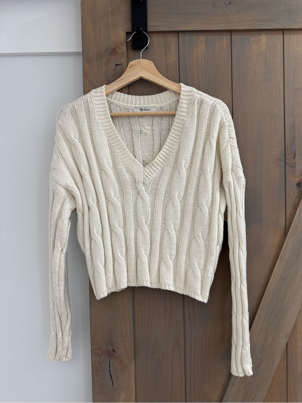 Madewell Cream Cable Knit V-Neck Pullover